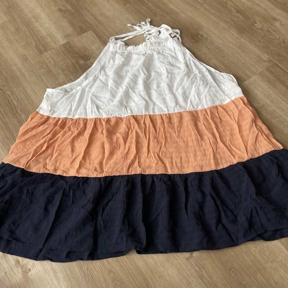White and Orange Tiered Tie Front Mock Neck Tank Top